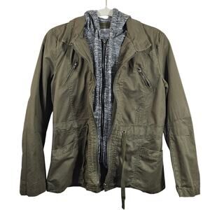 M 2Sable Womens Olive Green Gray Hoodie Layered Look Jacket Size S Utility Cargo